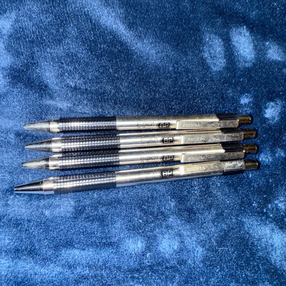 Zebra F-301 Ballpoint Stainless Steel Retractable Pen 0.7mm Black Ink 4 pack